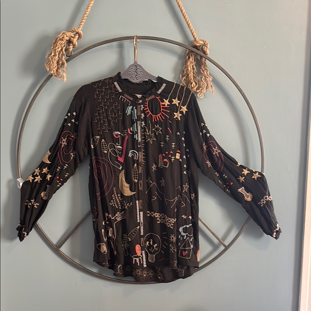 Johnny Was Black Embroidered Blouse
